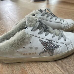 Golden Goose Mule Sherpa Sneakers Super Star Sabot Silver Glitter Star Size 37